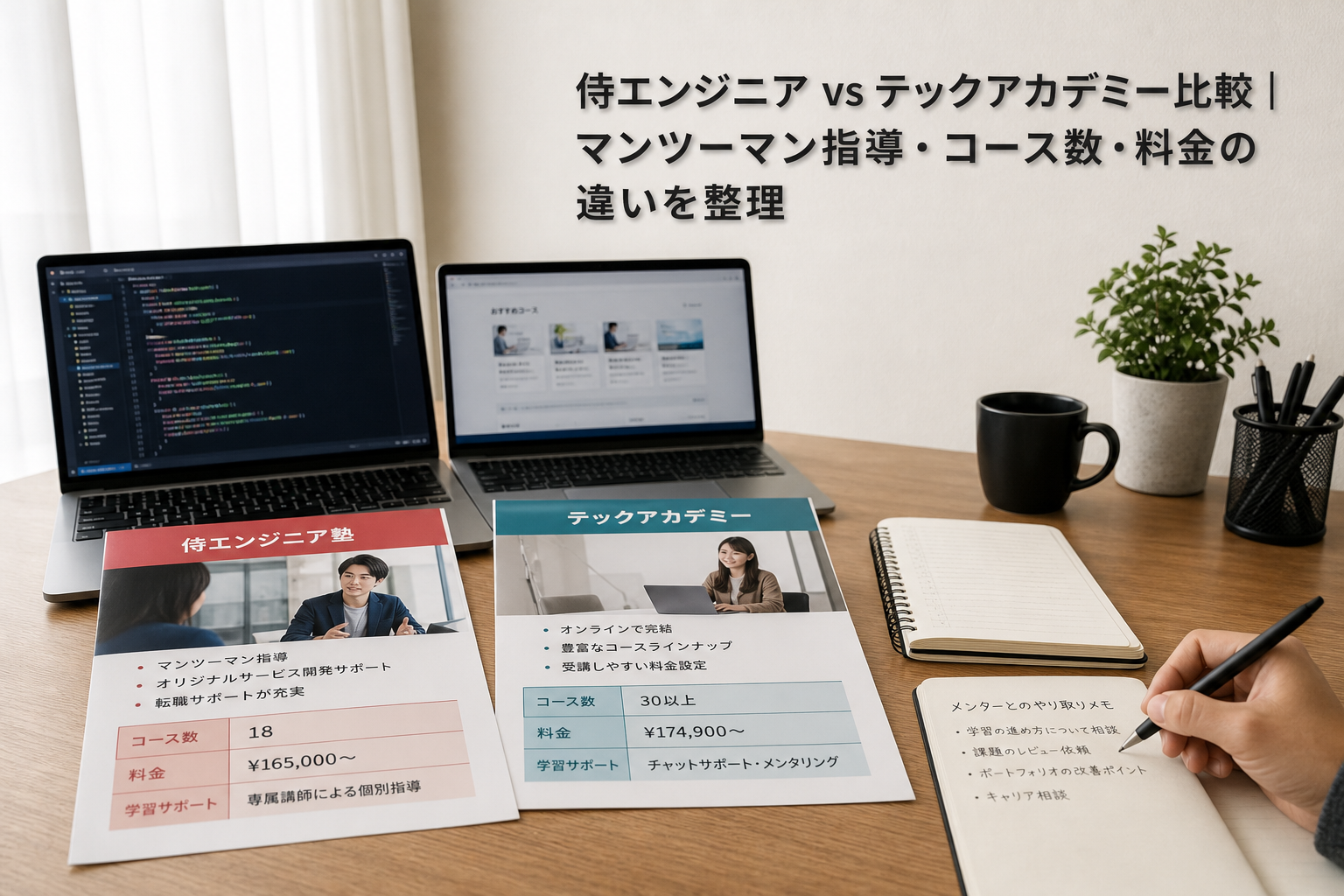 侍エンジニア vs テックアカデミー比較｜マンツーマン指導・コース数・料金の違いを整理のアイキャッチ画像