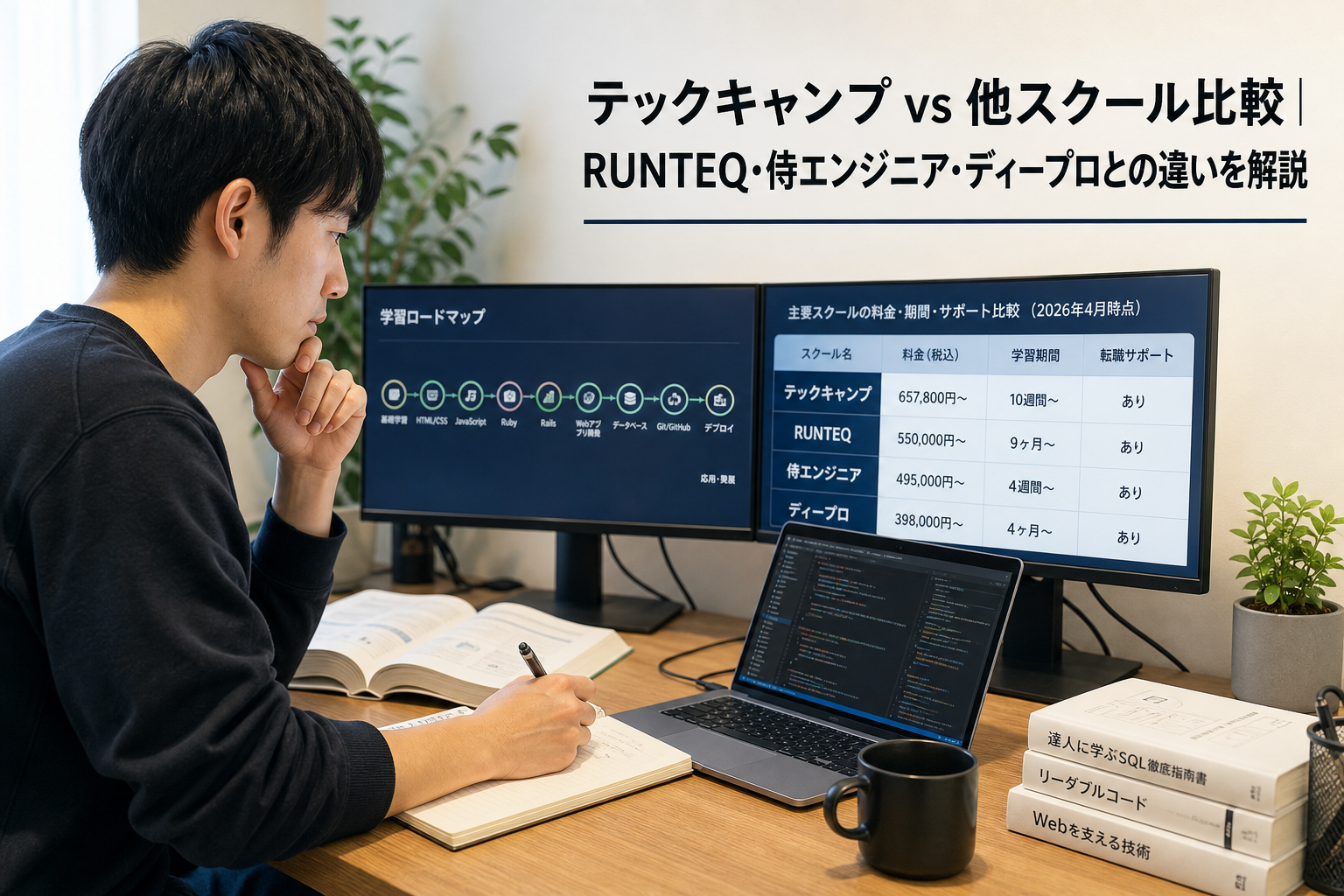 テックキャンプ vs 他スクール比較｜RUNTEQ・侍エンジニア・ディープロとの違いを解説のアイキャッチ画像